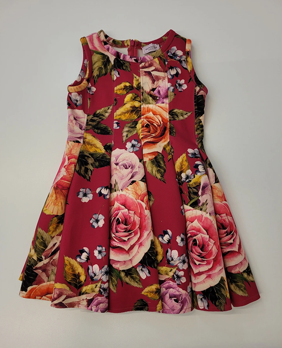 Vestido Sem Manga Com Zíper Nas Costas/Meia Calça Floral Rosa Monnalisa 4 Anos