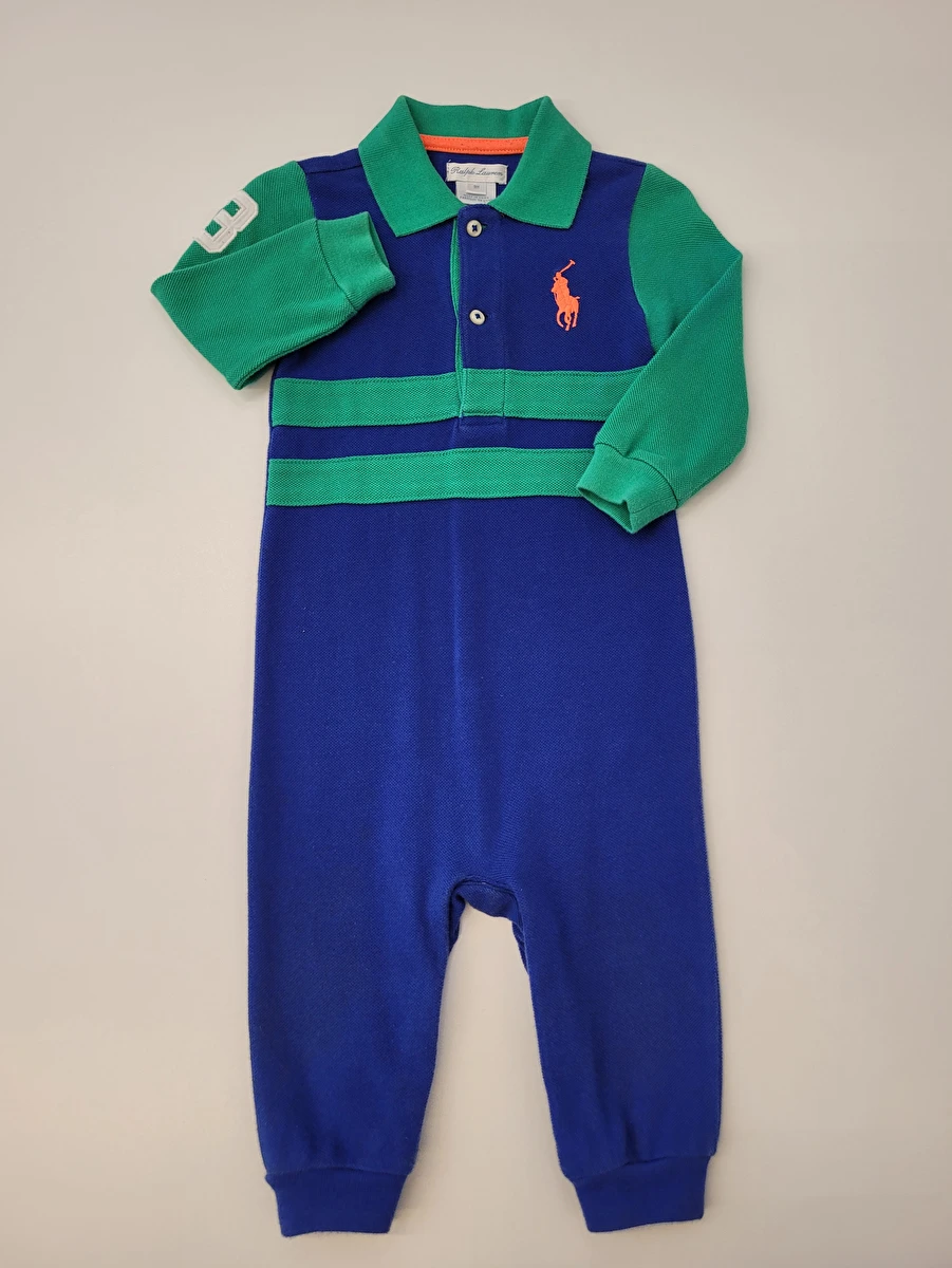 Macacão Com Gola E Listras Verdes Azul Ralph Lauren 9 Meses